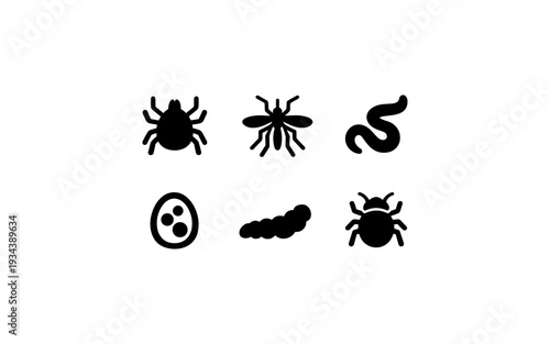 Collection of black icons representing different insects and pests on a white background