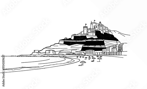 A black and white sketch of a coastal town featuring a castle on a hill overlooking the sea