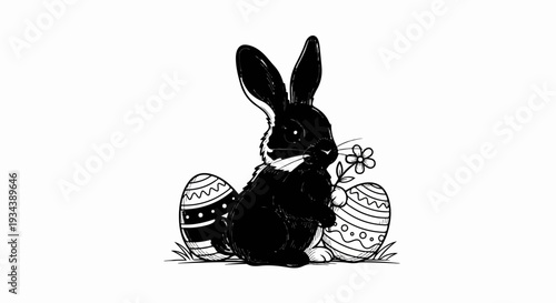 A black bunny with long ears sits with two decorated eggs and a flower