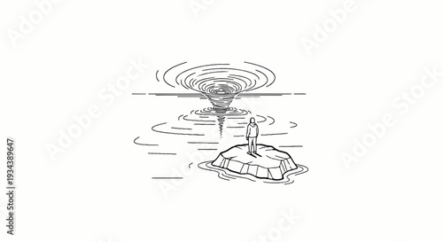 Solitary figure stands on small island facing powerful ocean vortex