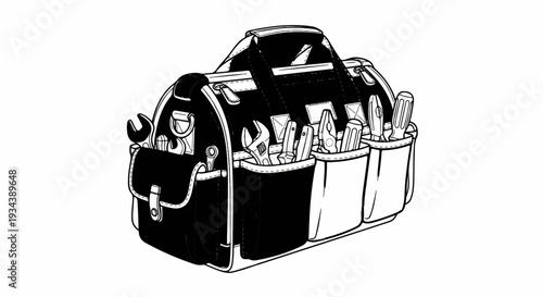A black fabric bag filled with various tools, including wrenches, pliers, and screwdrivers