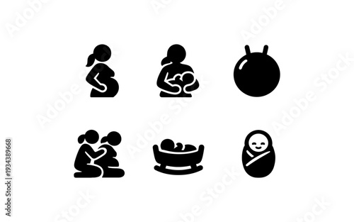 Pregnancy and motherhood icons: expecting, nursing, exercise, and baby care