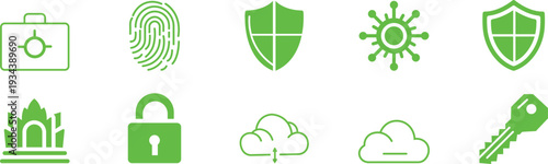 Minimalistic solid  icon set for cybersecurity and data protection. Includes icons for privacy, encryption, firewall, network security, secure cloud, virus protection, and digital safety. Perfect