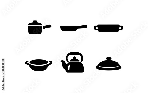 Collection of six simple black icons representing kitchen cookware and utensils
