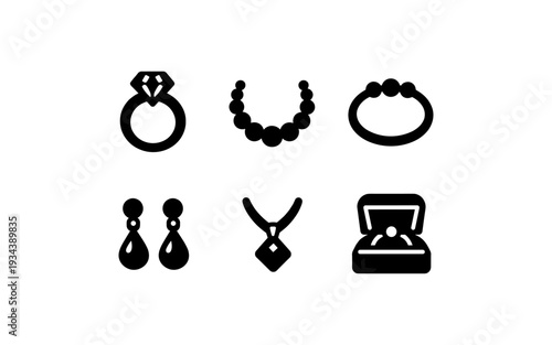 Collection of elegant jewelry icons including rings, necklaces, bracelets, and earrings