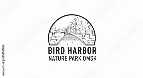 Stylized park pathway with trees and lampposts under a rounded arch