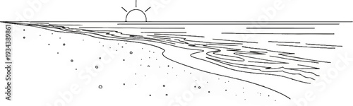 Sunrise over choppy ocean waves approaching a sandy shore with scattered pebbles