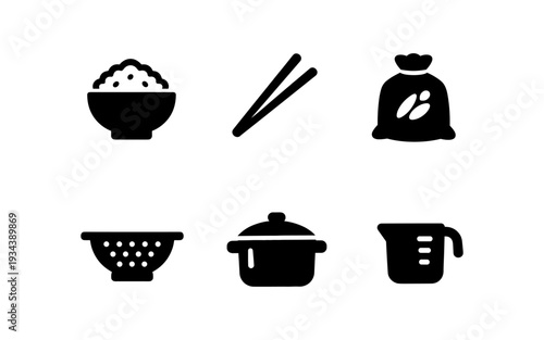 Collection of black icons representing rice and cooking utensils on a white background