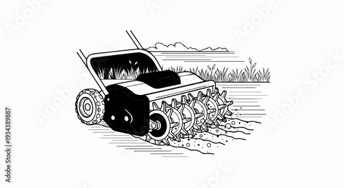 Tilling machine with spiked wheels churns soil, preparing ground for cultivation