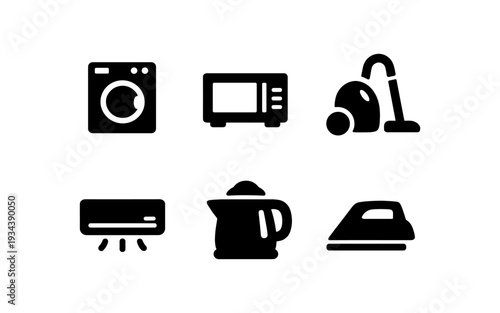 Collection of six common household appliance icons in a simple black and white design