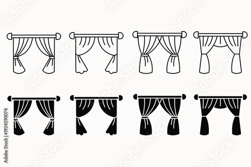 Decorative curtain window drapery icon set.
