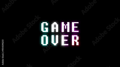 Game over text animation _ glitch style. Pixelated 'GAME OVER' text with a vibrant neon gradient effect on a dark black background, reminiscent of retro video games. 