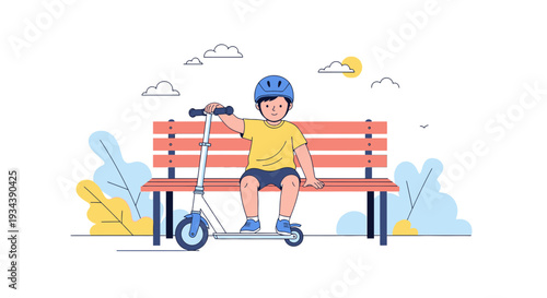Boy with Scooter Sitting on Park Bench, Outdoor Recreation, Summer Fun