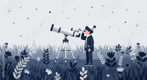 Boy with Telescope Gazing at Stars in a Stylized Night Meadow