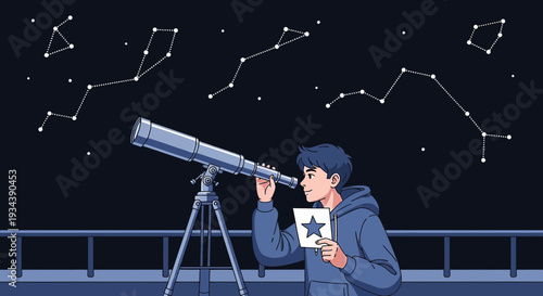Boy with Telescope Observing Star Constellations in Night Sky - Pixel Art