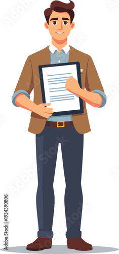 uomo vestito giacca e cravatta con documenti in mano assistente ufficio segretario del lavoro vettoriale