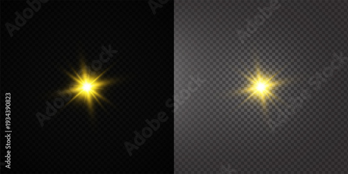 Glowing Golden Star Light Effect with Sparkle Rays and Lens Flare Illumination on Transparent Background