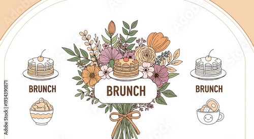 Brunch Celebration: Floral Bouquet with Pancakes, Cake, and Muffin Illustrations