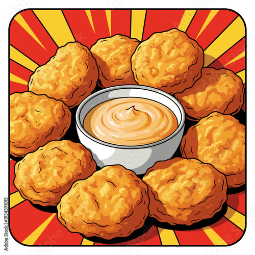 Golden-brown chicken nuggets with a small bowl of sauce in the center. Bold, pop-art style with a fun, energetic vibe.