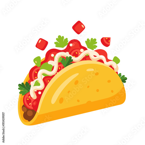 A corn taco generously stuffed with filling. Topped with red salsa with tomato chunks, sour cream, and a few bright green cilantro leaves.