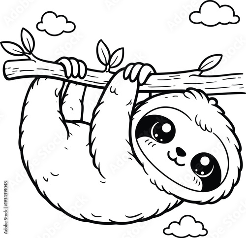 Cute Kawaii Sloth Hanging on a Branch Coloring Page for Kids Black and White Line Art
