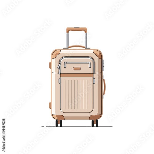 Beige colored travel suitcase with handle.