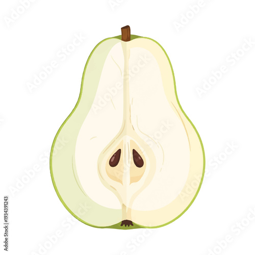 A digital illustration of a cut green pear showing its inner seeds on a white background. Perfect for food blogs, recipe websites, and health articles.