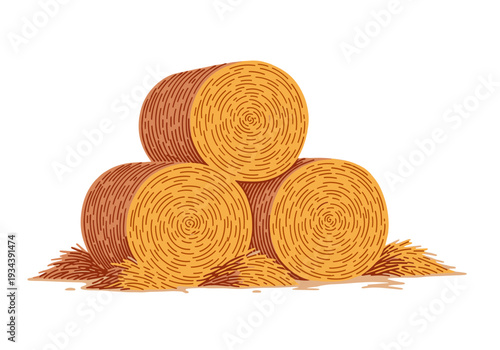 Three stacked round bales of hay with several pieces of loose hay scattered at their base. Flat vector illustration in a rustic style on a transparent background.