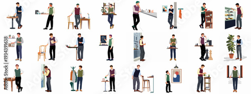 Daily routines and contemplative moments of a man in a cafe, enjoying coffee, chess, and quiet leisure.