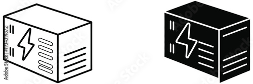 Battery system icon, minimalistic vector symbol of a rechargeable battery with energy transfer lines, solid black, outline, and colored versions for technology, electricity, and smart grid design.
