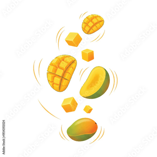 A digital illustration of mangoes and mango chunks suspended in mid-air with motion lines, set against a white background with vibrant yellow and green tones. Perfect for food blogs,