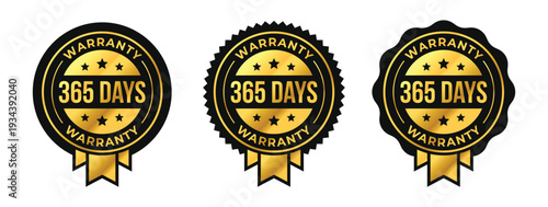 365 days premium luxury warranty logo set with golden ribbon and stars in circle vector illustration. For icon, sign, symbol, badge, stamp, seal, label, shield, stickers, certificate, award