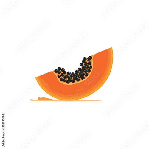 A digital illustration of a slice of papaya with black seeds on a white background. Perfect for food blogs, health websites, and recipe books.