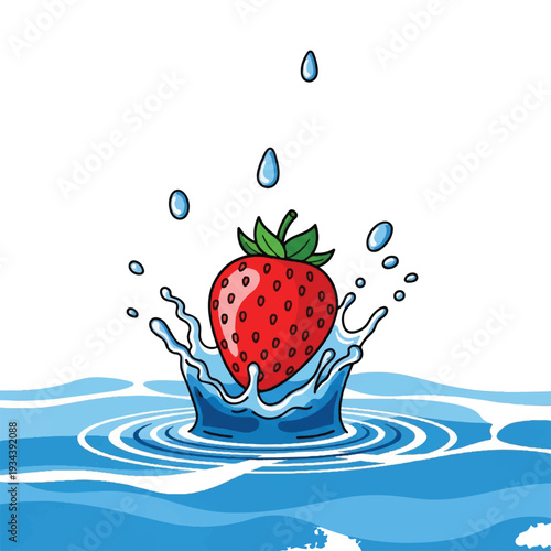 A vibrant red strawberry with green leaves splashing into blue water, creating ripples and droplets. Perfect for food, drinks, and advertising materials.