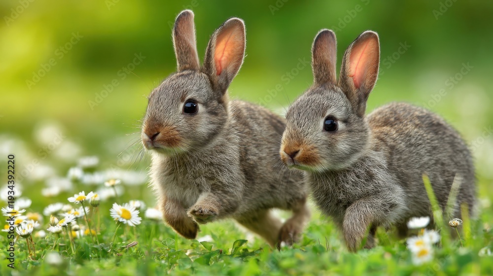 Fototapeta premium Two young rabbits with twitching noses exploring a grassy meadow with daisies in daylight