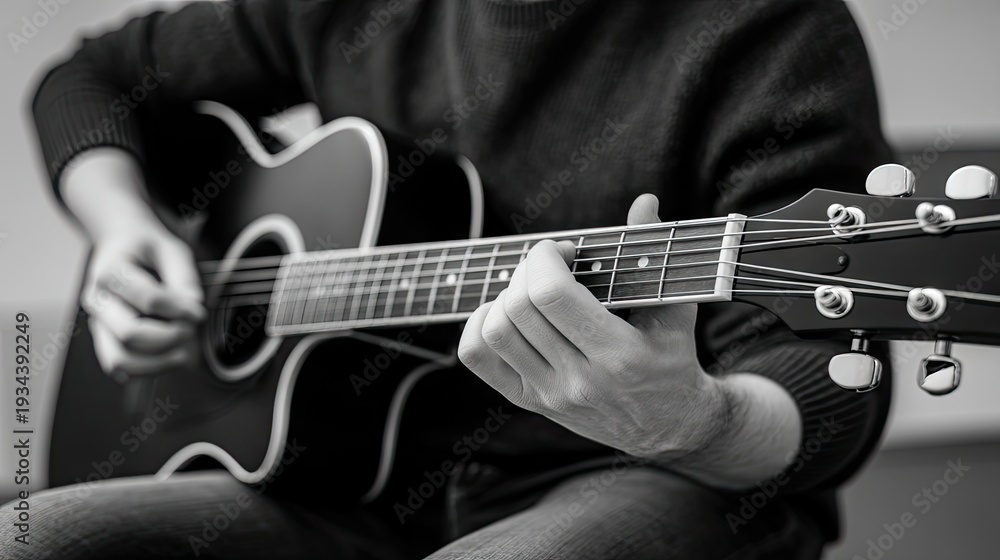 Fototapeta premium Hands play guitar on strings with focus on motion and texture in cozy setting during daytime, captured with Nikon D850 for sharp detail