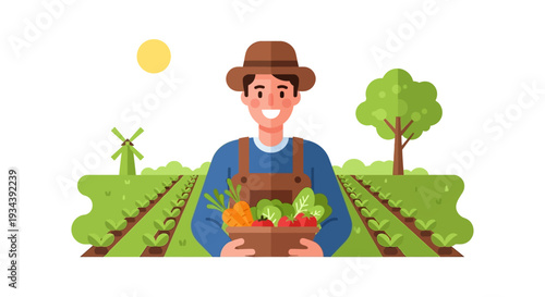 Smiling Farmer with Basket of Fresh Organic Vegetables in Sunny Agricultural Field