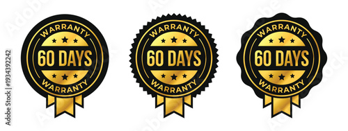 60 days premium luxury warranty logo set with golden ribbon and stars in circle vector illustration. For icon, sign, symbol, badge, stamp, seal, label, shield, stickers, certificate, award