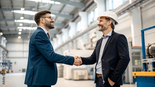 Two businessmen shaking hands in industrial setting with engineer wearing hard hat