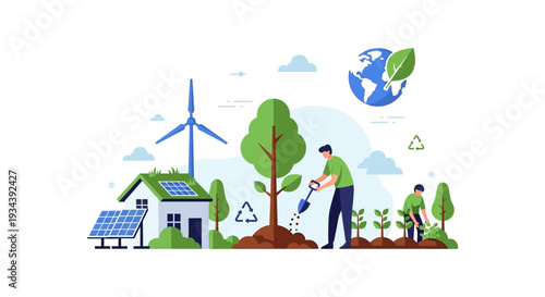 Sustainable Living & Renewable Energy: Eco-Friendly Home, Solar, Wind Power, Tree Planting & Environmental Conservation Illustration