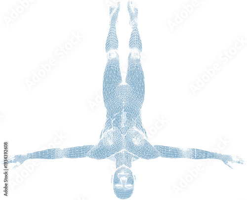 A light blue stippled human silhouette with outstretched arms representing freedom, mental health, spiritual connection, meditation, inner peace, and a sense of weightless floating.