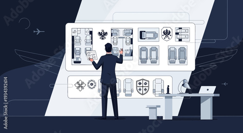 Businessman Planning Aircraft Interior Design with Digital Blueprint