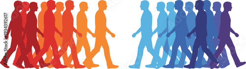 A diverse group of colorful human silhouettes walking toward each other in a conceptual representation of social confrontation, business competition, or community unity.