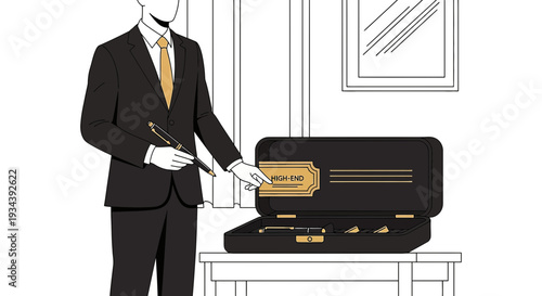 Businessman Opens Briefcase with Golden Ticket, Elegant Style