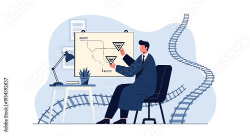 Businessman Planning Route on Map with Geometric Shapes
