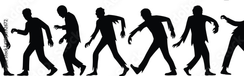 Zombie silhouettes collection isolated on white background, walking undead characters in scary poses, horror Halloween vector illustration set for spooky design