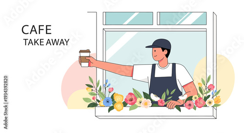 Cafe Takeaway Service: Barista Hands Coffee Cup Through Window with Flowers