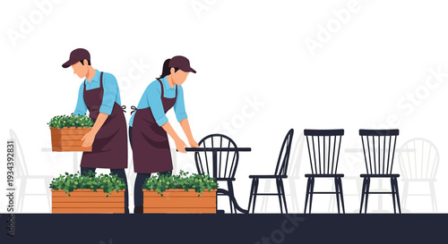 Cafe Staff Arranging Outdoor Seating with Plants - Workers Preparing Patio
