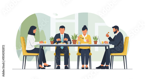 Business Meeting: Diverse Colleagues Dining Together in Modern Office