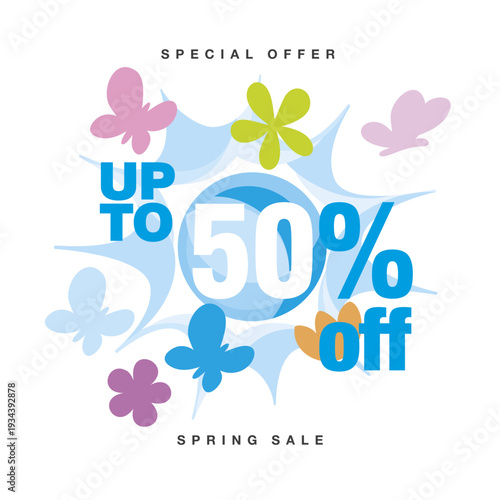Special offer 50% off spring sale sun sticker collection. Pastel colorful spring elements with discount shapes and percentage text isolated on white background